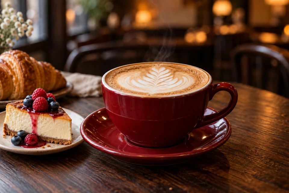 Cappuccino v červeném šálku a krémový cheesecake s lesním ovocem